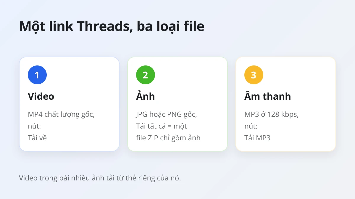 Những gì lưu được từ một bài Threads trên Android: video MP4, ảnh JPG hoặc PNG, âm thanh MP3